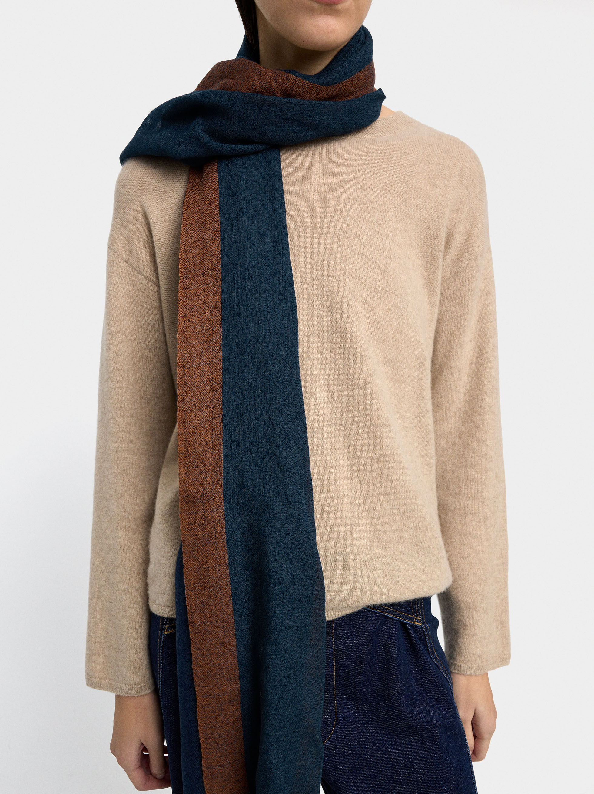 Pashmina med streck 100 % ull